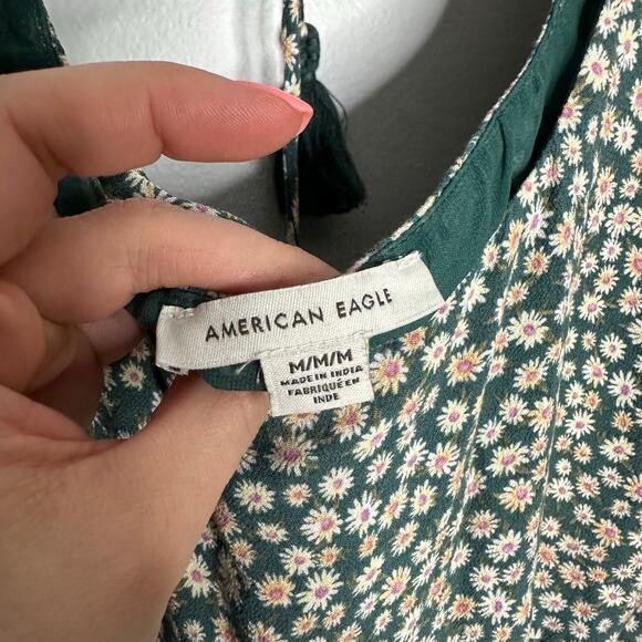 American Eagle Women’s Green Square Neck Daisy Mini Scoop Back 3/4 Sleeve Dress - Picture 7 of 10